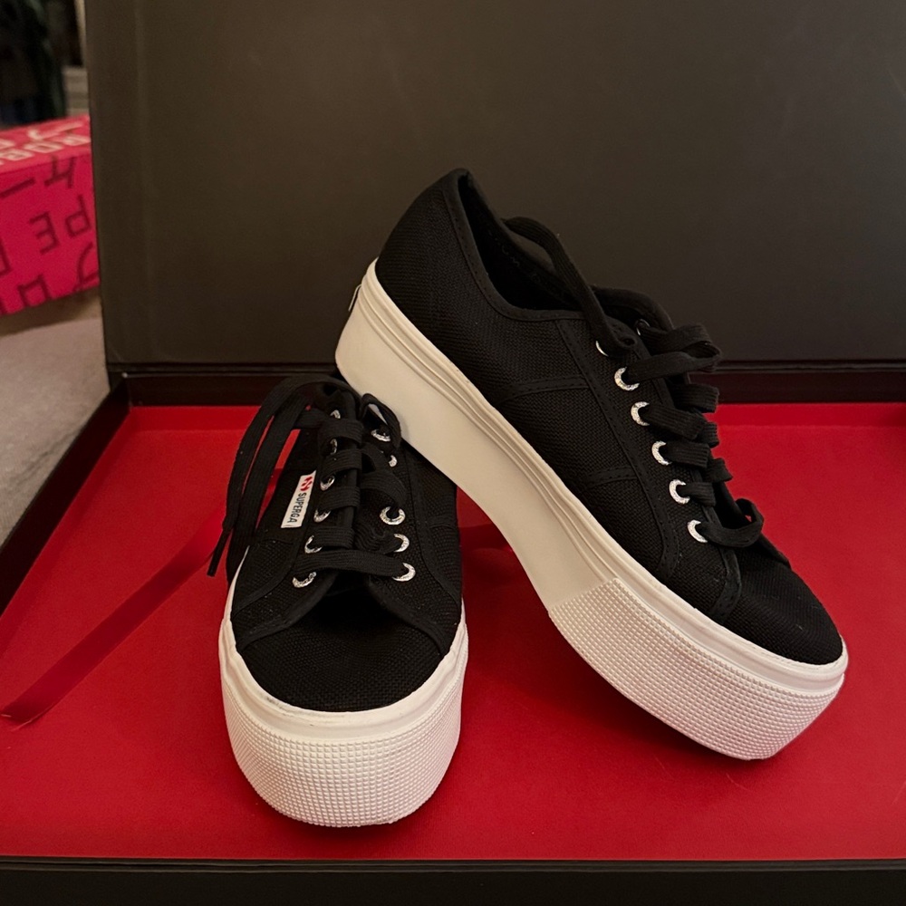 Superga Black Canvas Sneakers with White Platform